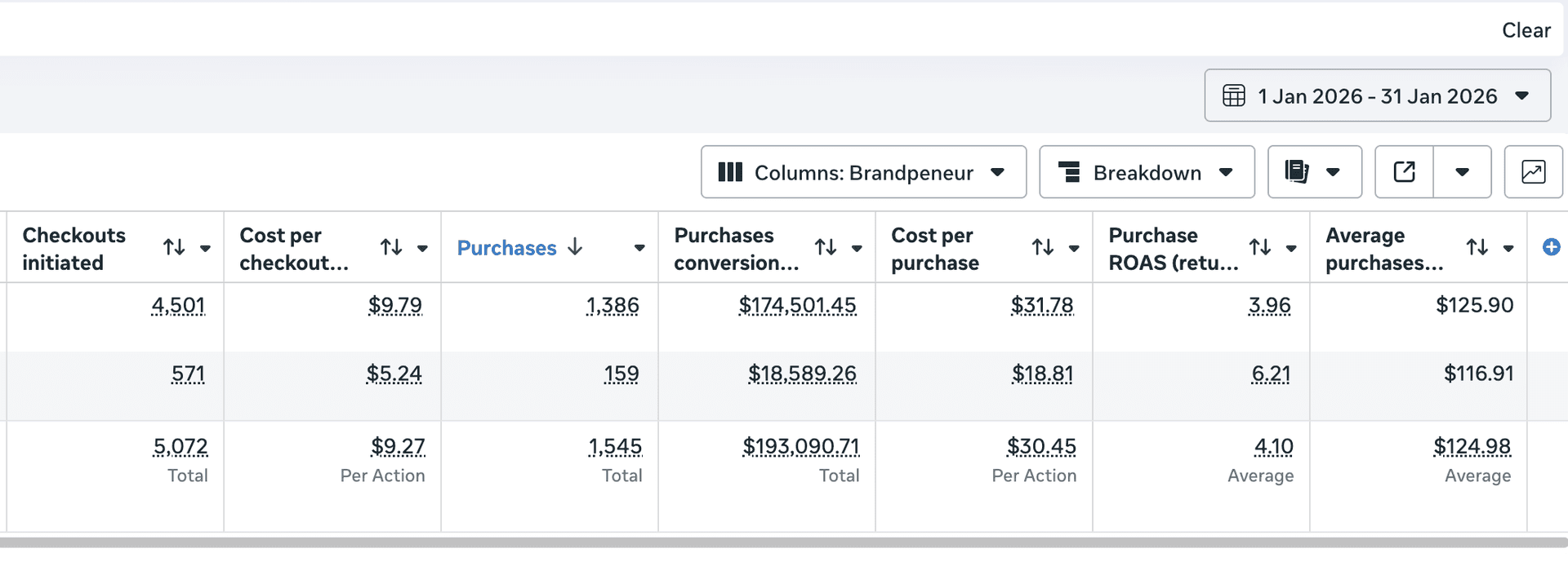 Meta Ads Manager results showing $193k