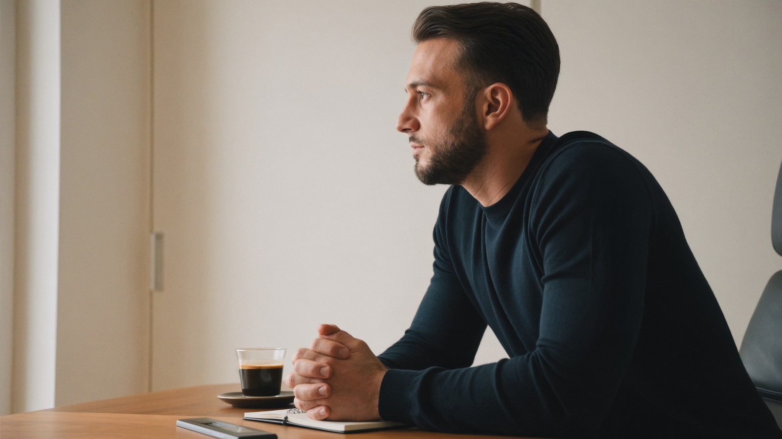 Joshua George, founder of Brandpeneur, sitting at a walnut desk in a dark crew-neck, looking away from the camera with a coffee and a notebook in front of him